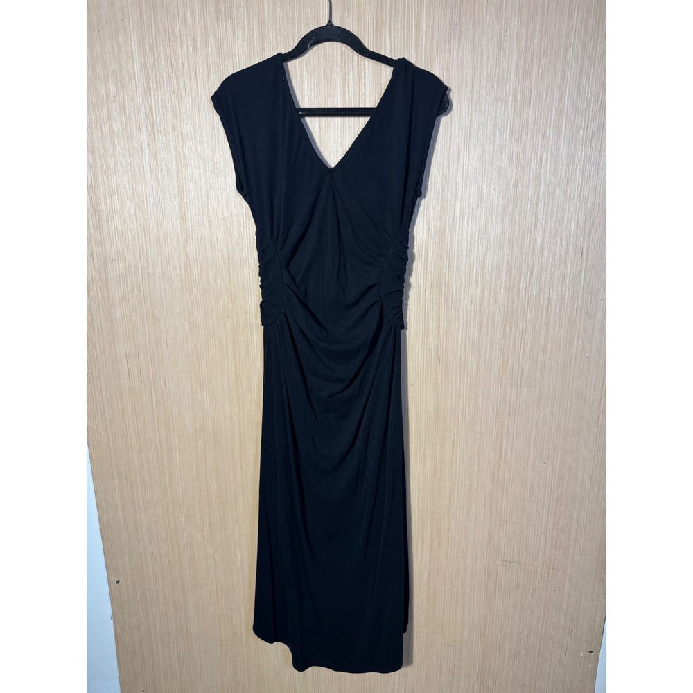 Free People Beach Black Ruched V-Neck Midi Dress Large Twisted Back Sleeveless